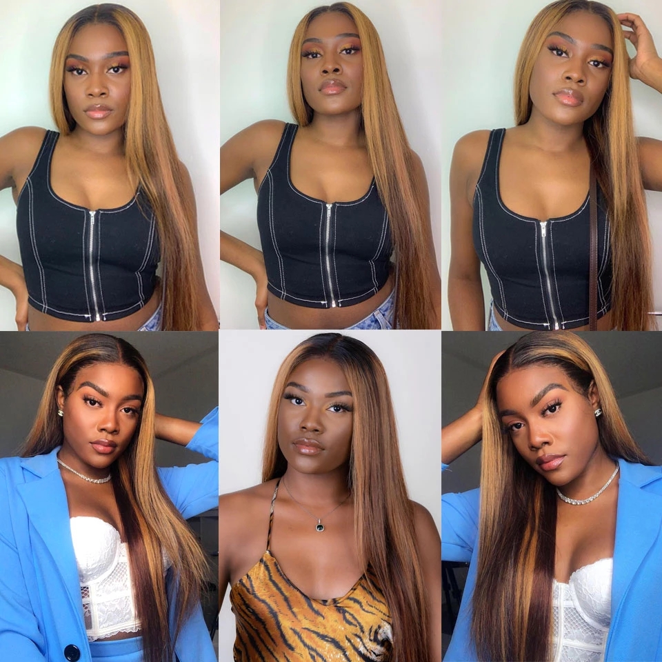 Highlight Brown Mixed Blonde Brazilian Wigs Straight Human Hair Machine made Synthetic Ombre Lace Frontal Wig