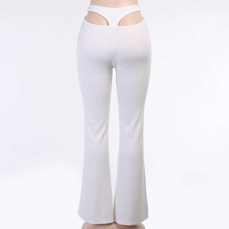 Elegant Cotton Knitted Flared Pants Women Sexy White Black Hollow Out High Waist Long Trousers Ladies Casual Pantalon Hiver 211006