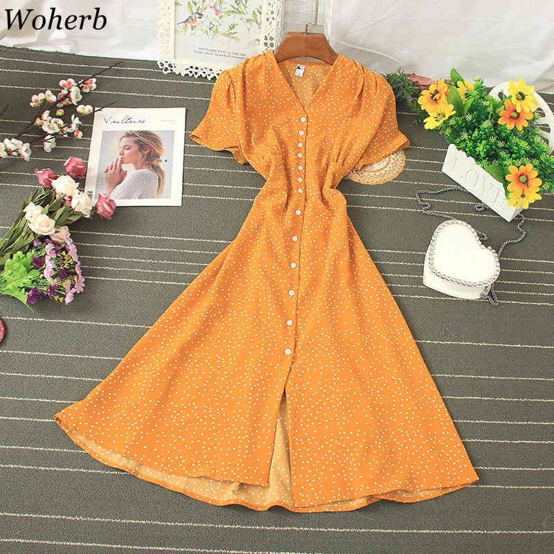 Women Dress Summer Korean Clothes Print Polka Dot Single Breasted Vestidos High Waist V-neck Big Swing Dresses 92523 210519