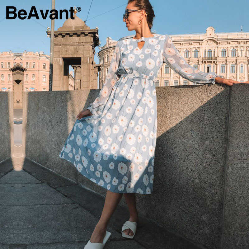BeAvant Casual flare sleeve dress women Office ladies high waist belt long dress Elegant floral printed blue summer dresses 210709