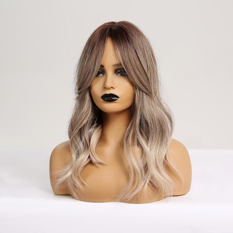 Synthetic Wigs Long Wavy With Bangs Platinum Blonde Ombre Hair For Afro Women Cosplay Natural Daily Heat Resistant