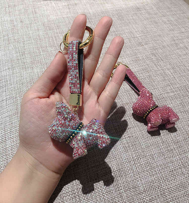 Diamond Inlaid Fashion French Dog Fighting Car Key Chain Male and Female Couple Pendant Korean Lovely Bag