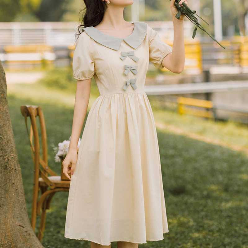 Summer Sweet Preppy Style Dresses for Women Bow Decoration Peter Pan Collar Elegant Fresh Silm Waist Vestidos 210525