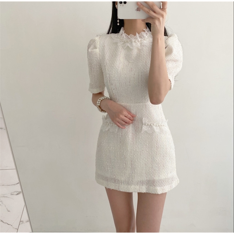 Fashion Sweet Pearl Lace Ruffle Summer Dress Robe Ladies Short Sleeve Tweed Mini Vestido Da Festa 210520