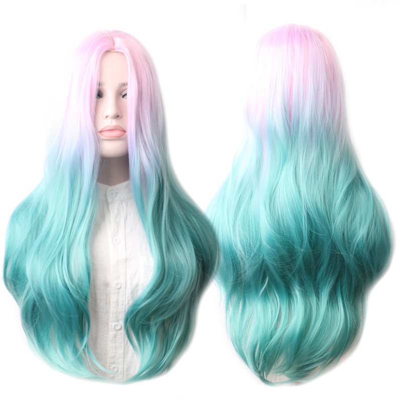 Rainbow Curly Synthetic Wig Female Cosplay Wigs For Women Long Hair Colored Pink Red Blue Green Black Blonde Brown