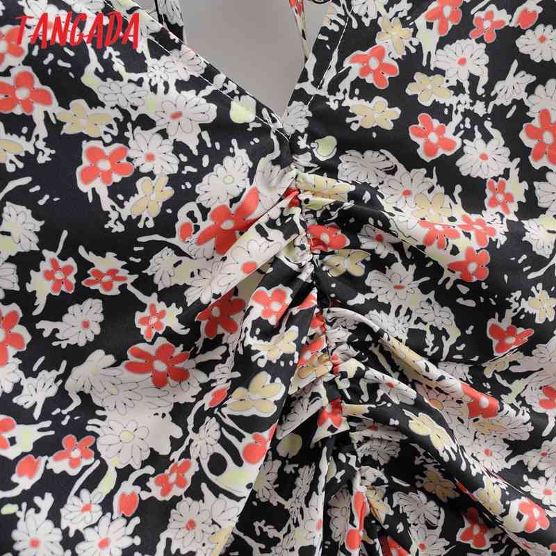 Summer Women Flowers Print Midi V Neck Puff Short Sleeve Office Ladies Dress Vestidos 1F50 210416