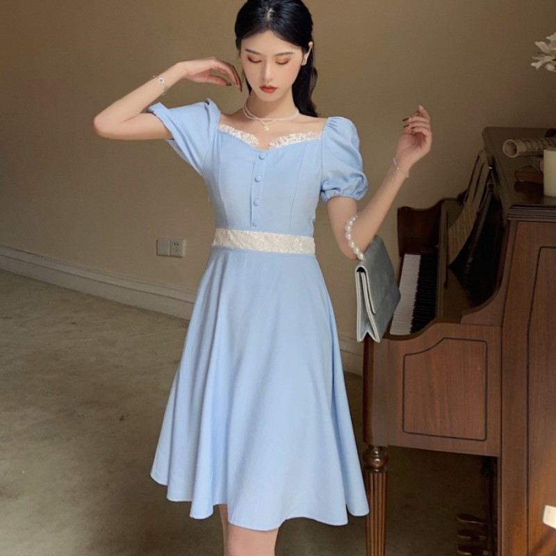 Puff Sleeve High Waist Retro Dress Women's Square Collar A-line Midi Korean Style Summer Elegant Female Clothes 210519