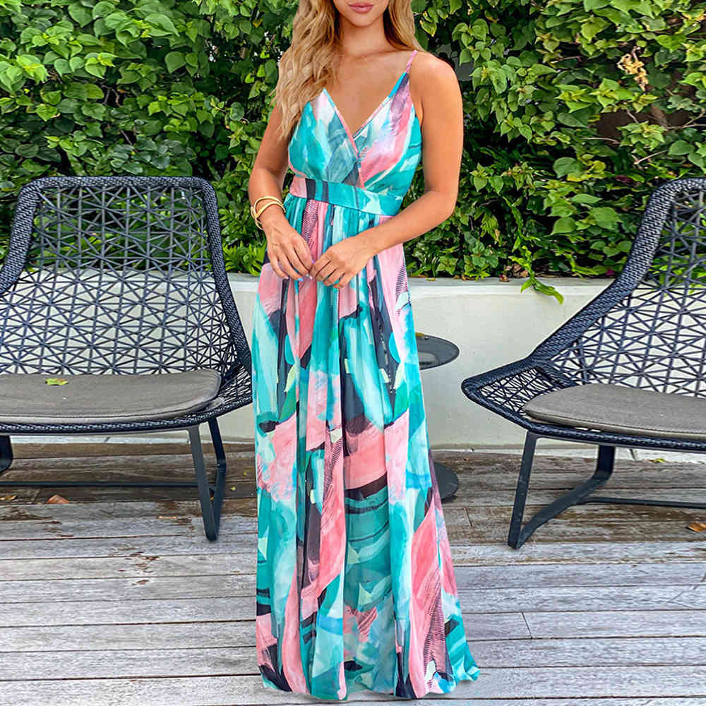 Women Floral Print Maxi Dress Summer Sexy V Neck Sling Backless Tunic Long es Female Elegant Bohemian Party Vestidos 210522