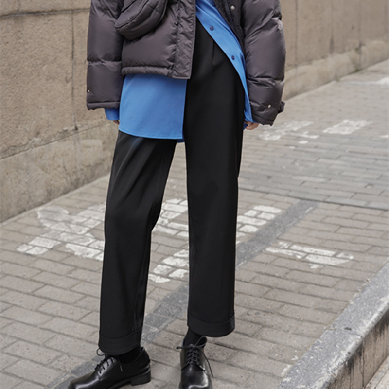 Plus Size OL Minimalist Thick High Waist Pants Women Autumn Winter Work Wear Casual Straight Suit Trousers 210421