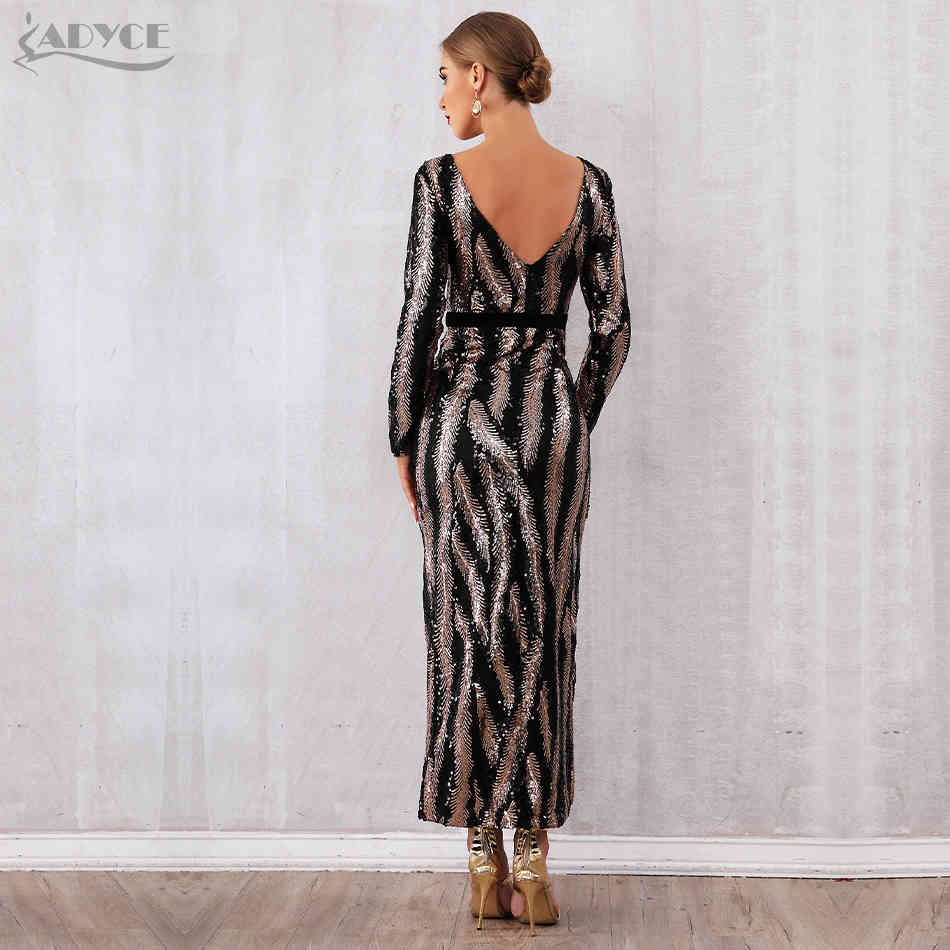Autumn Sequin Celebrity Evening Runway Party Dress Women Sexy Backless Maxi Long Sleeve Night Club Bodycon 210423
