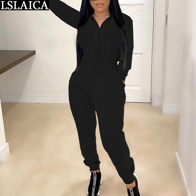 Plus Size Jumpsuit for Women Long Sleeve Zip Hooded Elastic Waist Playsuits and Jumpsuits Solid Color Fashion Knit Romper 210515