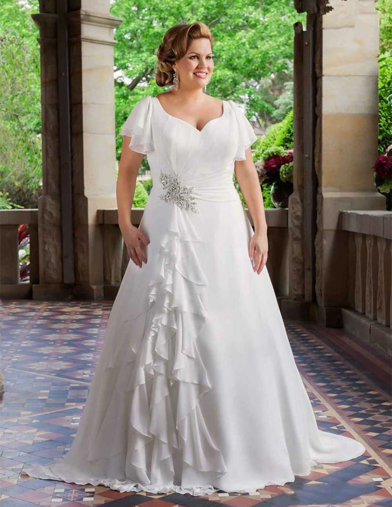 Chiffon Plus Size Wedding Dresses Bridal Gowns Short Sleeve V Neck Beaded Ruffles A Line Dress Lace up Back Custom Made
