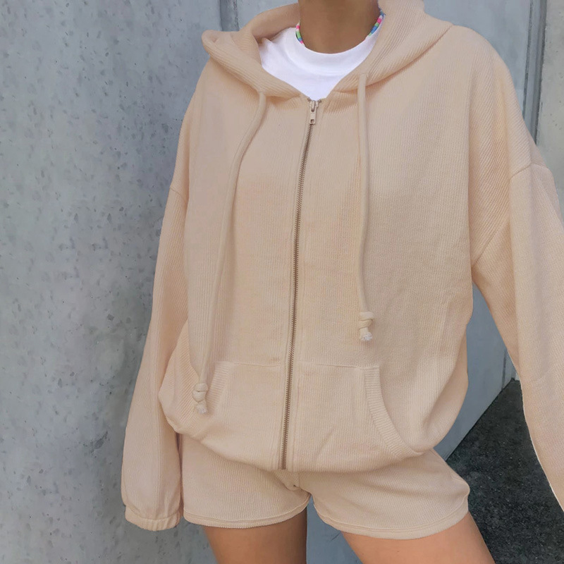 Women Sets Corduroy Hooded Long Sleeve Woman Top With Shorts Sweat Suit Set Fashion Short For Winter 210513