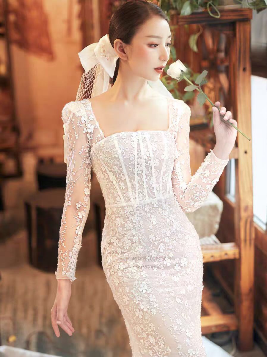 Luxurious Beaded Flowers Mermaid Wedding Dress Long Sleeves Square Neck Boho Beach Wedding Gowns For Bride Sexy Backless Romantic Bridal Dresses Sweep