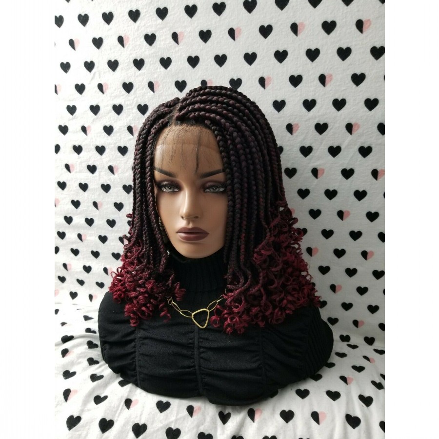 Ombre Red Short Box Braids Wig With Curly Tips Synthetic Fully Handmade Braided Lace Front Wigs For Black Women