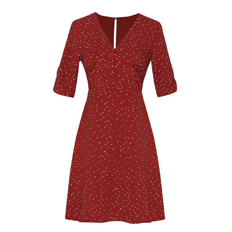 Bella Style Korean-style WOMEN'S Wear French-Waist Hing A- line V-neck Backless Short Sleeve dress 210630