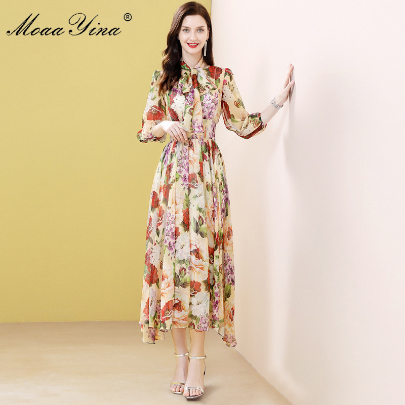 Fashion ner dress Spring Summer Women Dress Bow collar Rose Floral-Print Elegant Vacation Chiffon Dresses 210524