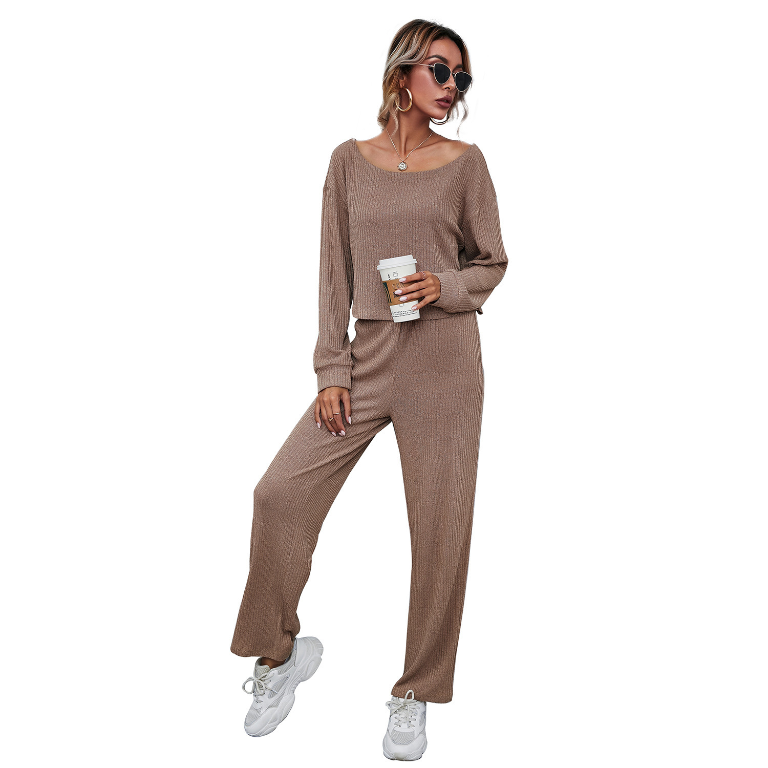 women knitted suits Spring Autumn long sleeve O-neck pullovers +full straight pants female Casual knit track set 210524