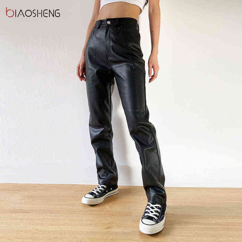 Cargo Pants Women Black Faux Leather High Waist Pockets Fashion Sexy Straight Trousers Streetwear 211115