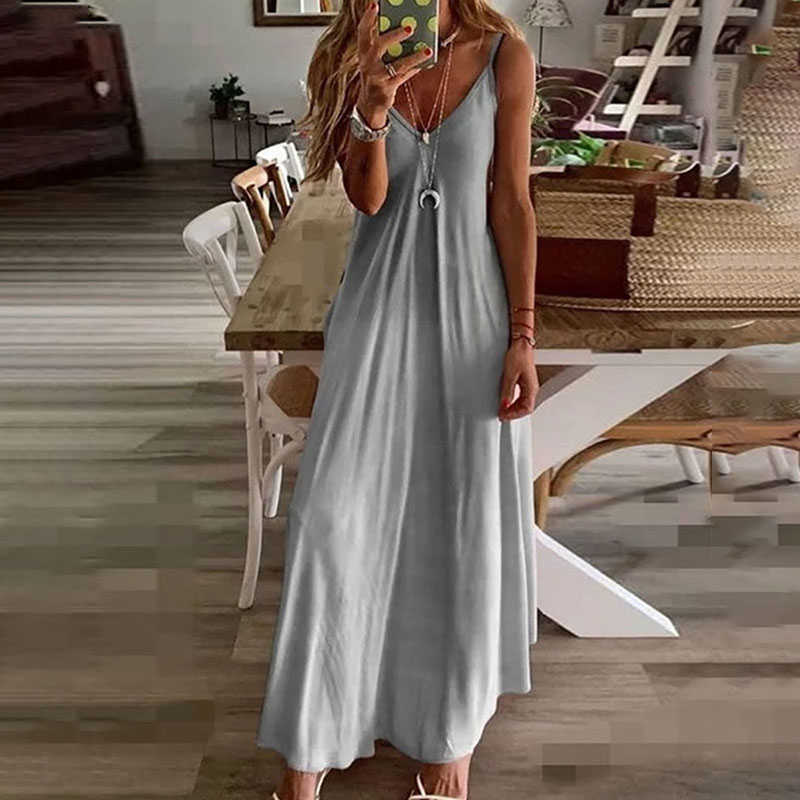 Summer Women Elegant Casual Maxi Dress Female Stylish Long Party Gown Robes Loose Fit Spaghetti Strap Dress 210716