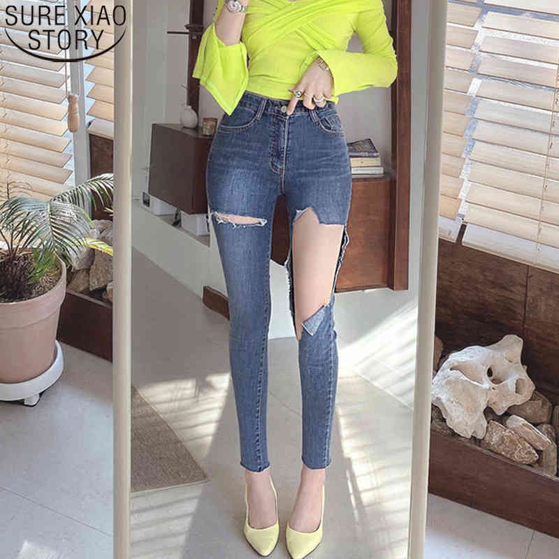 Spring Summer Ripped Holes Elastic Denim Women Jeggings Tassel High Waist Pants Capris Female Skinny Pencil Jeans 10405 210417