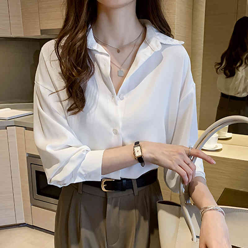 Korean Loose Long Sleeve White Shirt Women Fashion Plus Size 4XL Chiffon Blouse Solid Single Breasted Cardigans 11576 210427