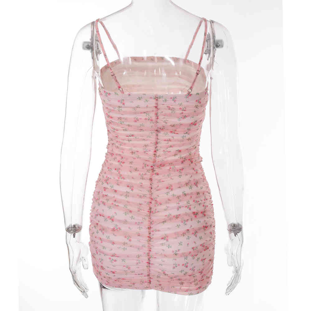 Pink Flower Bodycon Mesh Dress Summer Women Elegant Rushed Backless Mini Dress Short Chic Boho Beach Style Dress Vestido Sexy 210415