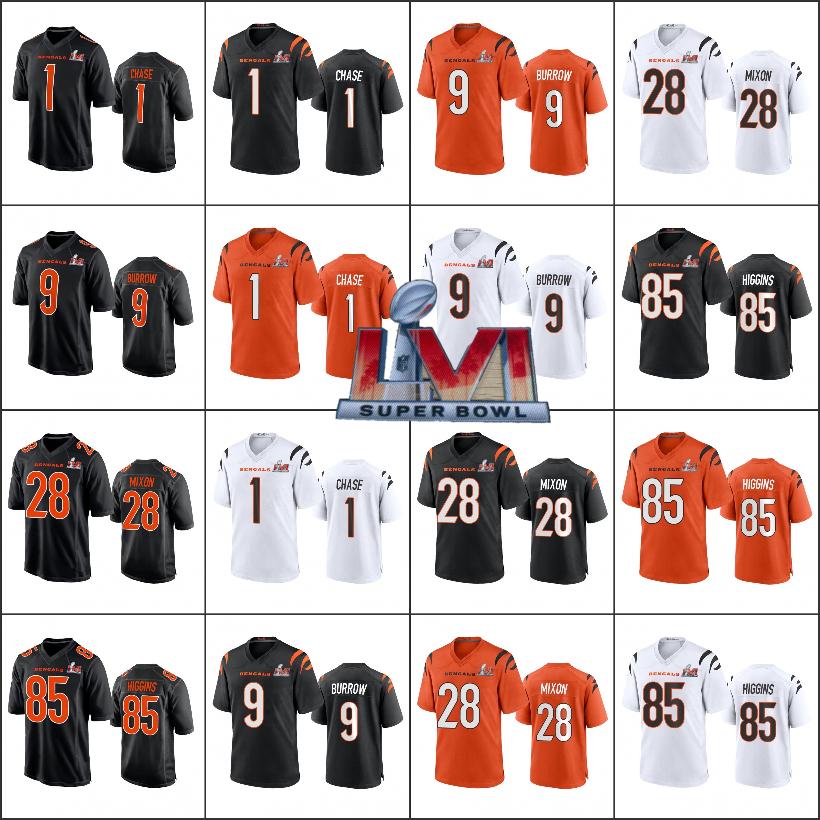 Cincinnati''Bengals''Men Women Youth #9 Joe Burrow 28 Joe Mixon 1 Ja'Marr Chase 85 Tee Higgins Super Bowl''LVI Game Jersey
Cincinnati''Bengals''Men Women Youth #9 Joe Burrow 28 Joe Mixon 1 Ja'Marr Chase 85 Tee Higgins Super Bowl''LVI Game Jersey