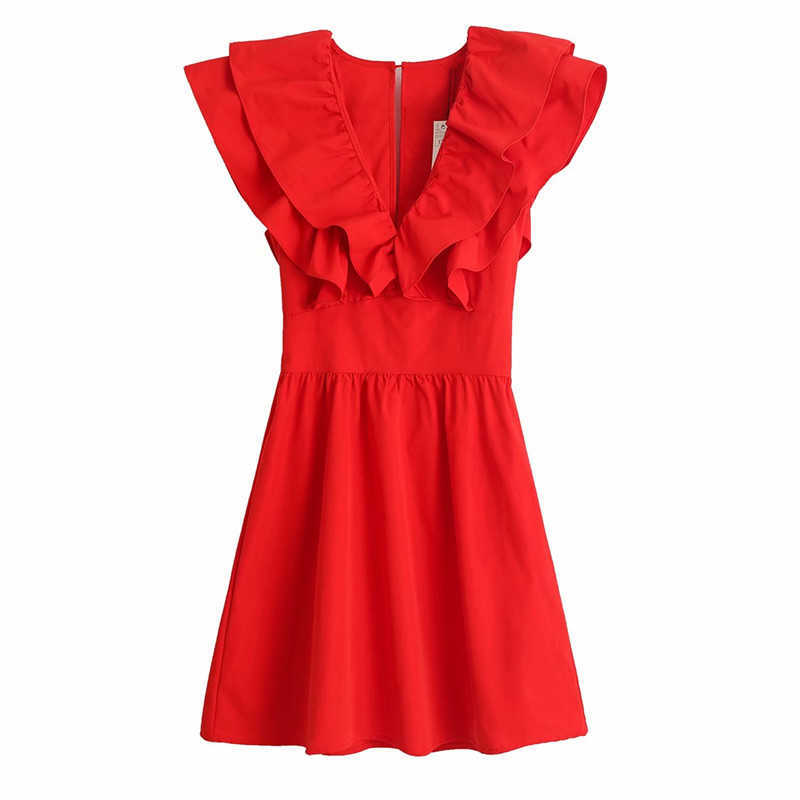 Za Ruffle Mini Dress Women V-neck Short Sleeve Elastic Waist Summer Dress Back Opening Female Elegant Pleated Party Dresses 210602, Red
Za Ruffle Mini Dress Women V-neck Short Sleeve Elastic Waist Summer Dress Back Opening Female Elegant Pleated Party Dresses 210602, Red