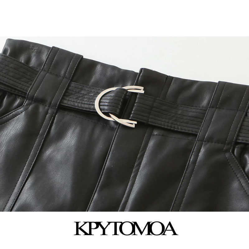 KPYTOMOA Women Chic Fashion With Belt Faux Leather Shorts Vintage High Waist Zipper Fly Pockets Female Short Pants Mujer 210714