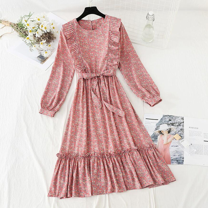 Vintage Polka Dot Print Dress Women Elegant Ruffle Chiffon Party Dress Long Sleeve O Neck Midi Dress Spring Summer Dresses 210521