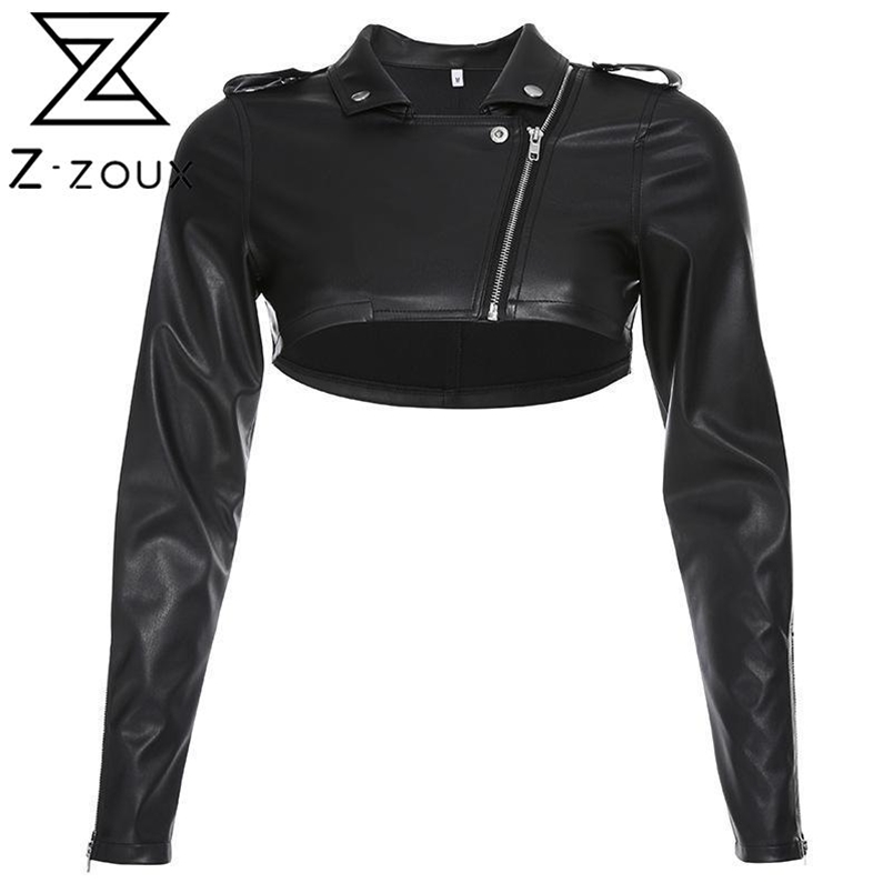 Women Leather Coat Black PU Jacket Short Long Sleeve High Waist Fashion Tops Autumn 210513