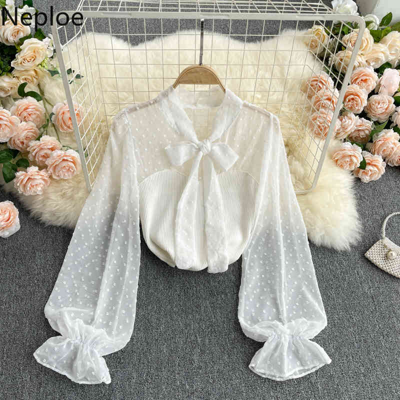 Neploe Women Clothing Patchwork Puff Sleeve Bow White Shirt Korean Fashion Polka Dot Blouses See Through Chiffon Blouse 4h736 210422