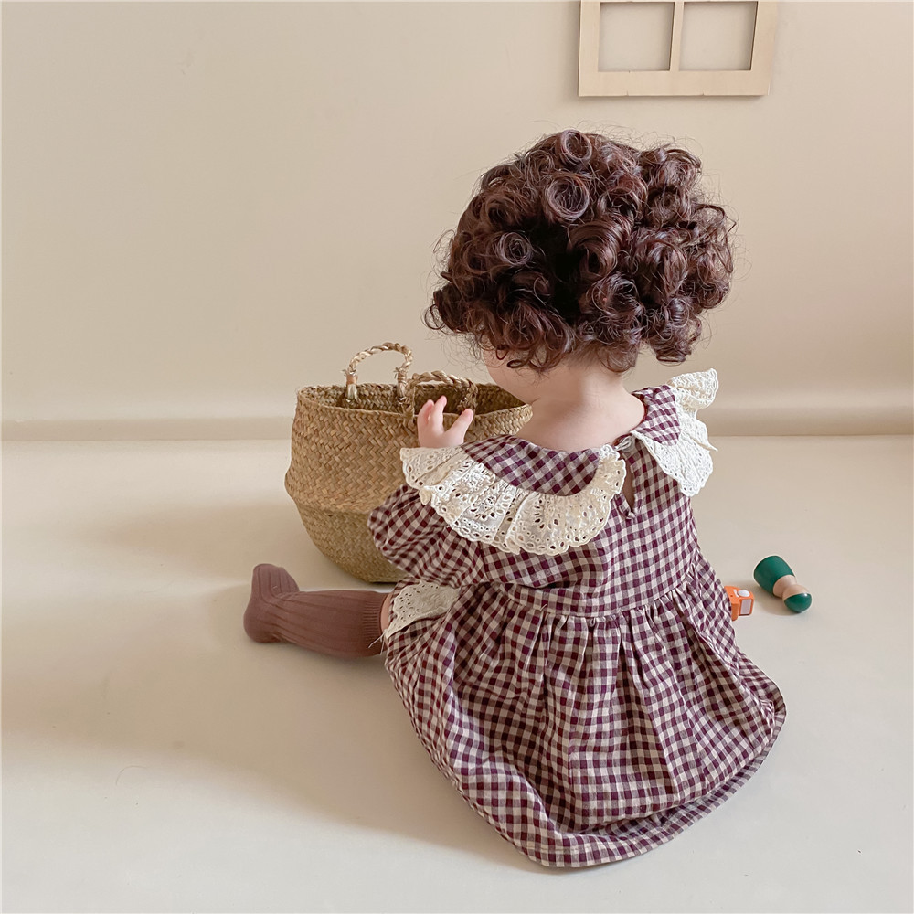 baby girl's lapel bodysuit plaid lace born girl clothes 210515