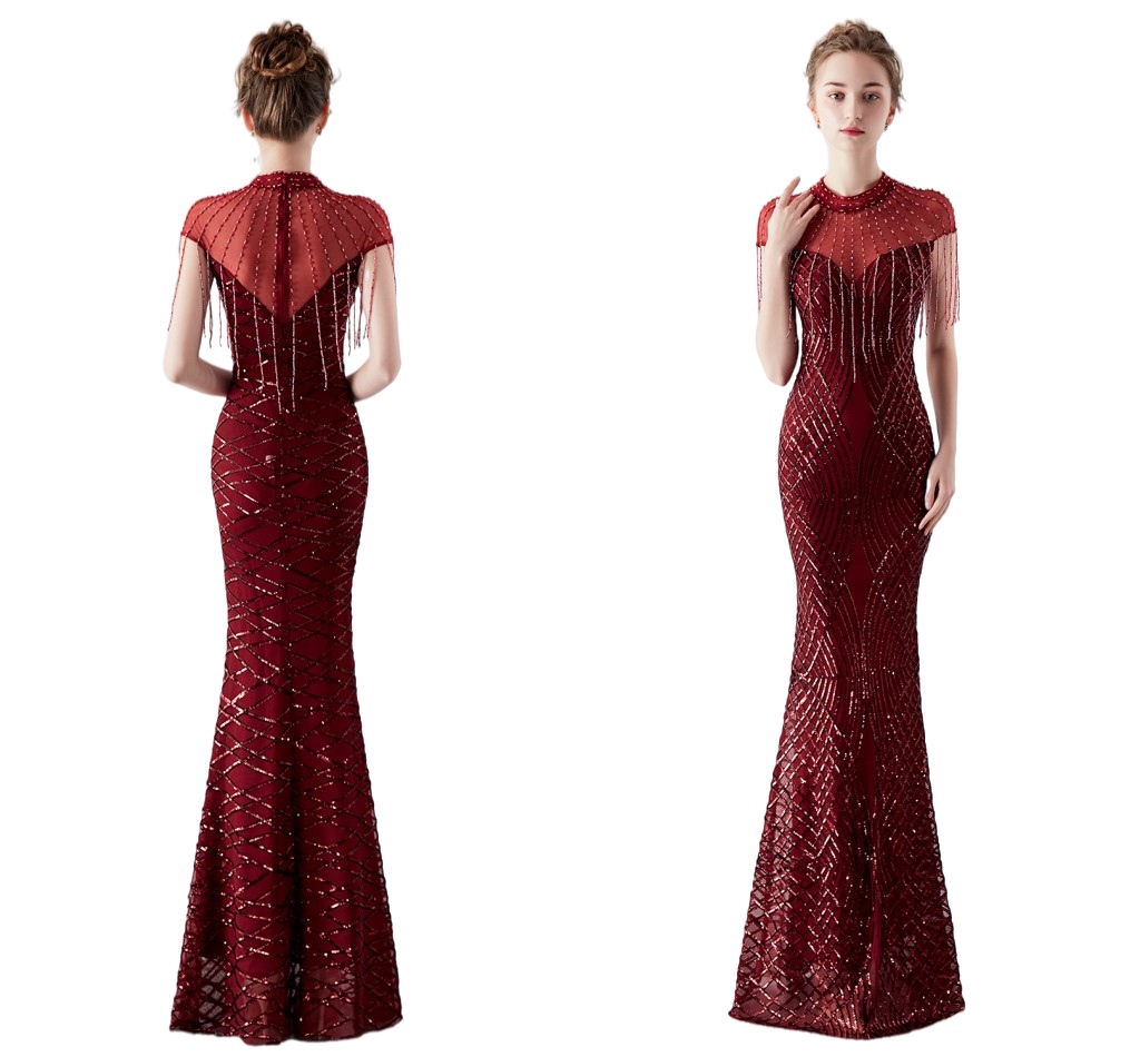 High Neck Mermaid Prom Formal Dresses Burgundy Sparkly Beaded Sequins Tassel robe de soirée de mariage Fishtail Evening Gown