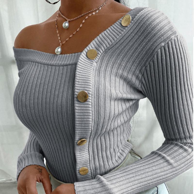 Sexy Patchwork Knitted Slim Skew-collar Button Long Sleeve Female Sweater 2021 Autumn Fashion Lady Pullover