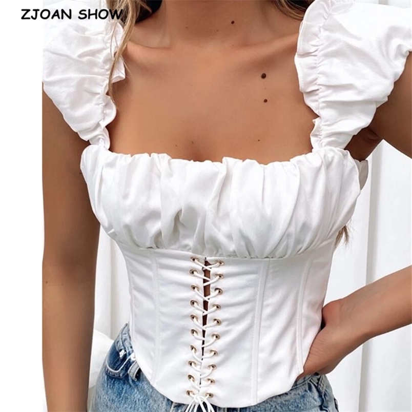 Sexy Back Zipper Slash Collar Ruched Eyelets Cross Lacing up Tank Tops Women Summer Short Sleeve Crop Top Streetwear Tees 210429