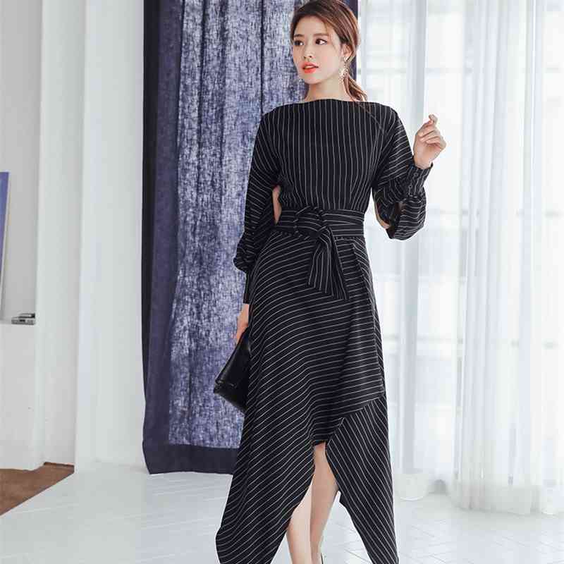 Korean Style Woman Autumn And Winter Casual Lantern Sleeve Striped Dress With Belt Ladies Runway Asymmetrical Party Dresses 210520