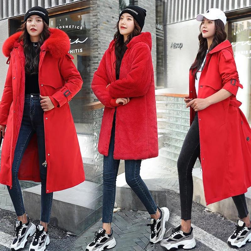Women's Down & Parkas Woman Wool Liner Distachable Plus Size Jackets Coat Winter Jacket Hooded X-Long Thick Warm Cotton Padded