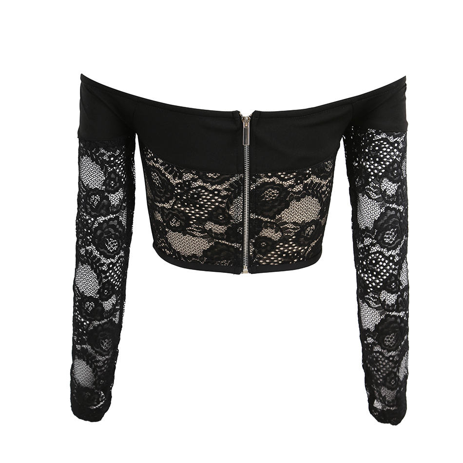 Free Sexy Summer Lace Shirt Women's Black Card Shoulder Long Sleeve Bodycon Cropped Top Club Party Halter 210524