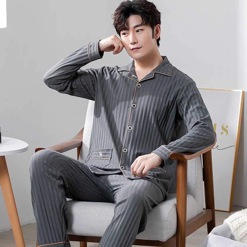 Winter Knitted Cotton Men Sleepwear Long Tops+Long Pants Two Pieces Set Pajamas Loose Soft Plus Size L- 5XL Male Pijamas 211019