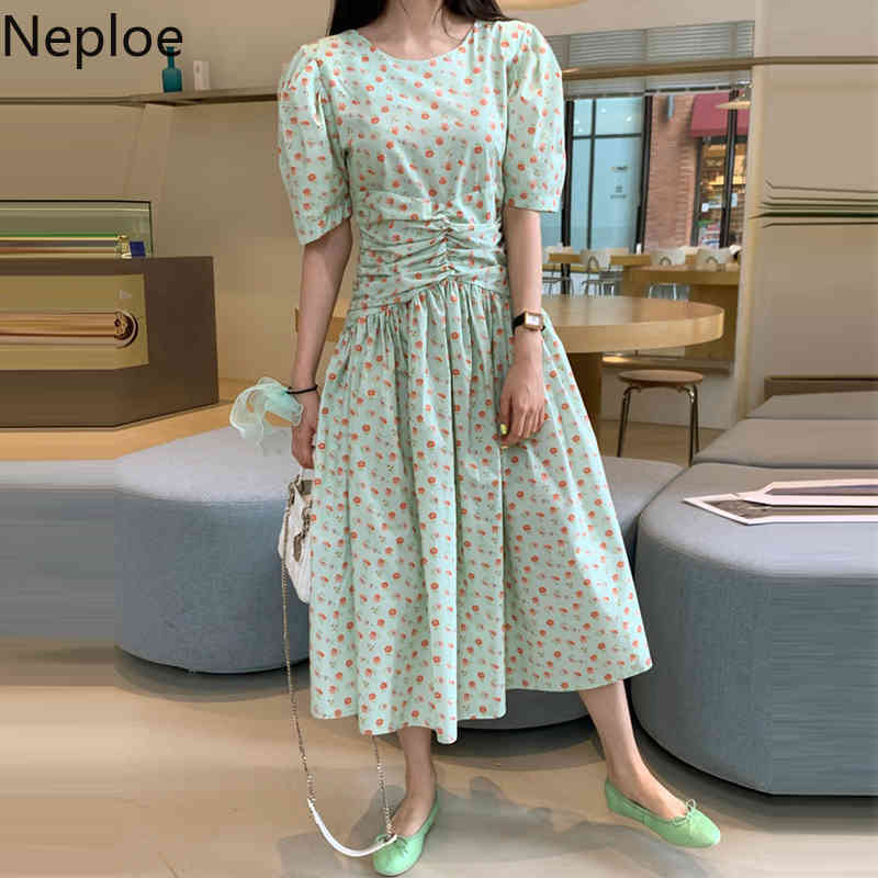 Neploe Women Dress Summer Korean Chic Robe Sweet O Neck Floral Ruffles Slim Vestidos Pleated Temperament Vintage Dresses 210422