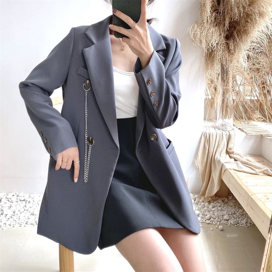 OL Notched Vintage Solid Double Breasted Blazer Coat Autumn Formal Chain Decoration Women Blazers Suit Jacket 210421