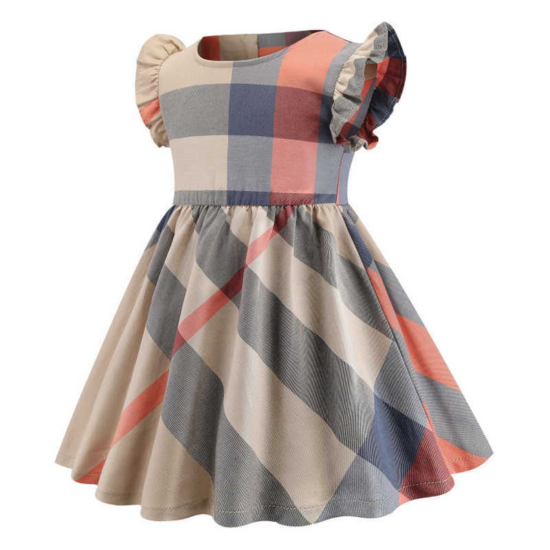 2021 Summer New Arrival Plaid Children's Wear Fashion Girl Dress Cotton Short-Sleeved Princess Kids Casual Clothing 2-6 Year Q0716