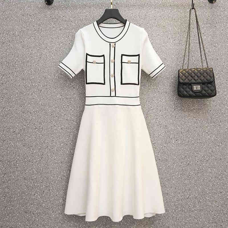 Vintage O Neck Solid Knitted Summer Dresses women plus size 4XL elegant shorts sleeve chic Vestidos Clothes 210522