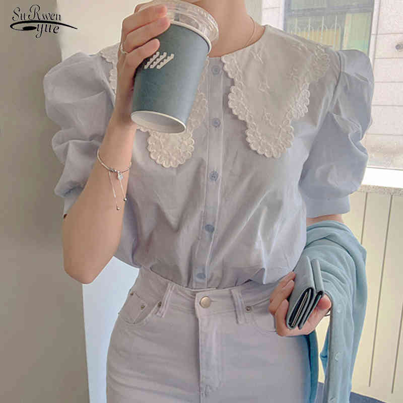 Single Breasted Short Sleeve Summer Blouse Sweet Peter Pan Collar Shirts Women Fashion Loose Blue Shirt Female Clothing 13846 210508
