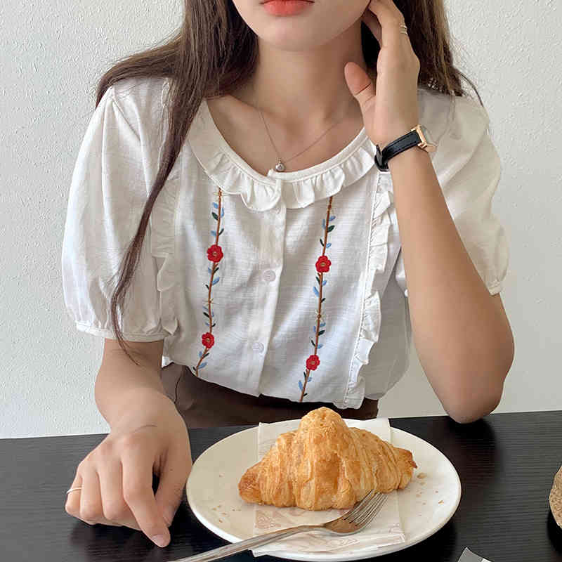 Nomikuma Chic Floral Embroidery Woman Shirt Korean Ruffle O-neck Puff Sleeve Blouses Summer Sweet New Blusas Mujer 6H527 210427