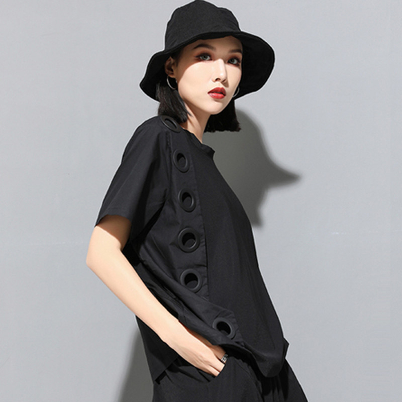 EAM Spring Summer Round Neck Short Sleeve Black Hollow Out Split Joint Big Size Tshirt Women Fashion JW045 210406