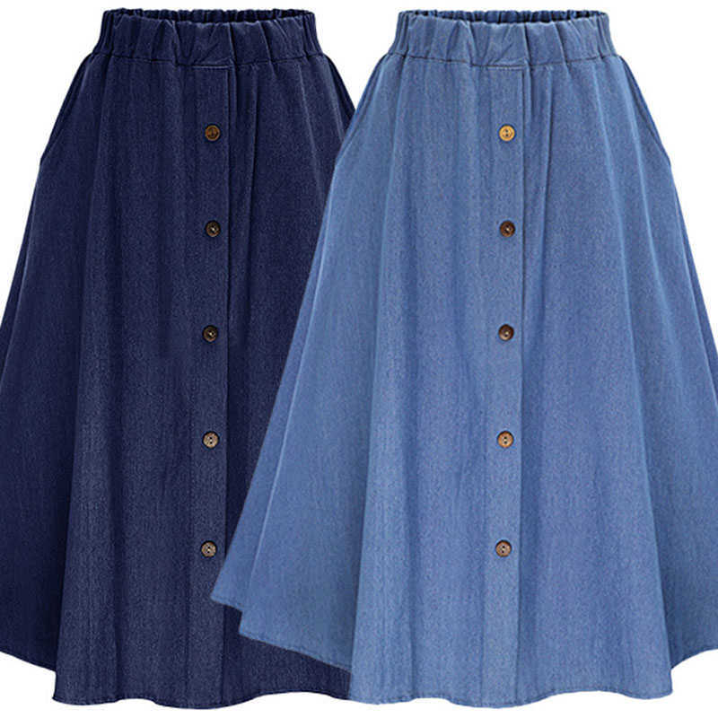 Fashion Korean Preppy Style Denim Skirt Solid Color Long Nature Waist Female Big Hem Casual Button Jean 210621