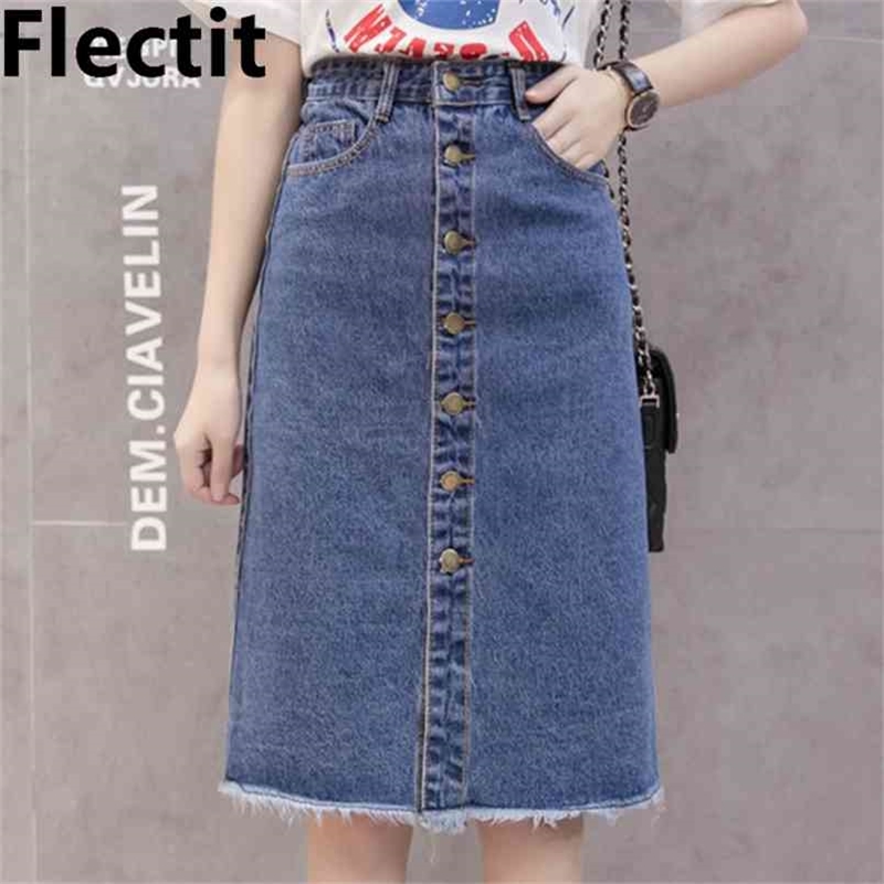 Flectit Button Front Midi Denim for Women Casual High Waist Fray Hem with Pocket Knee Length Jeans Skirt Female * 210408